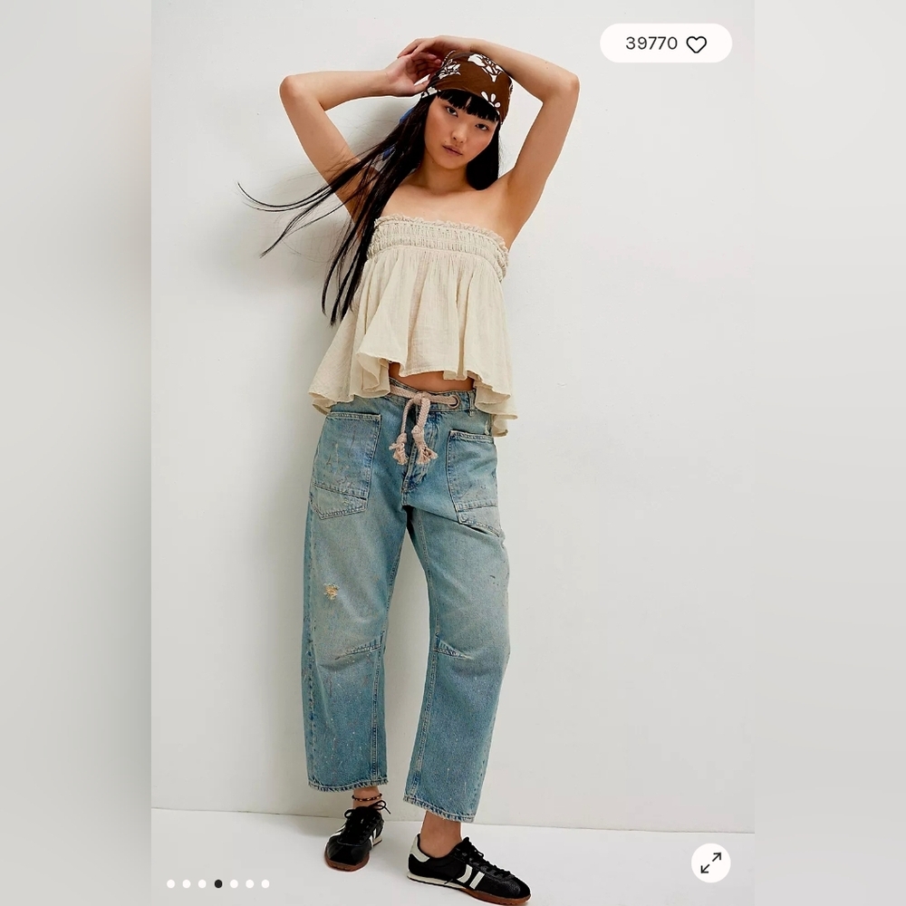 New Free People We The Free Moxie Pull-on Barrel Jeans / Union Blue - Picture 4 of 8